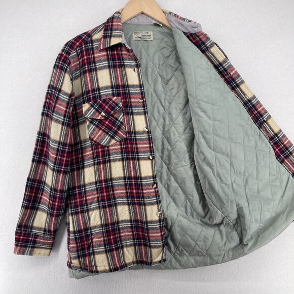 BRUCE JENNER Shirt Jacket Mens M Wool Blend Plaid Quilted Insulated Shacket Red - Picture 3 of 13
